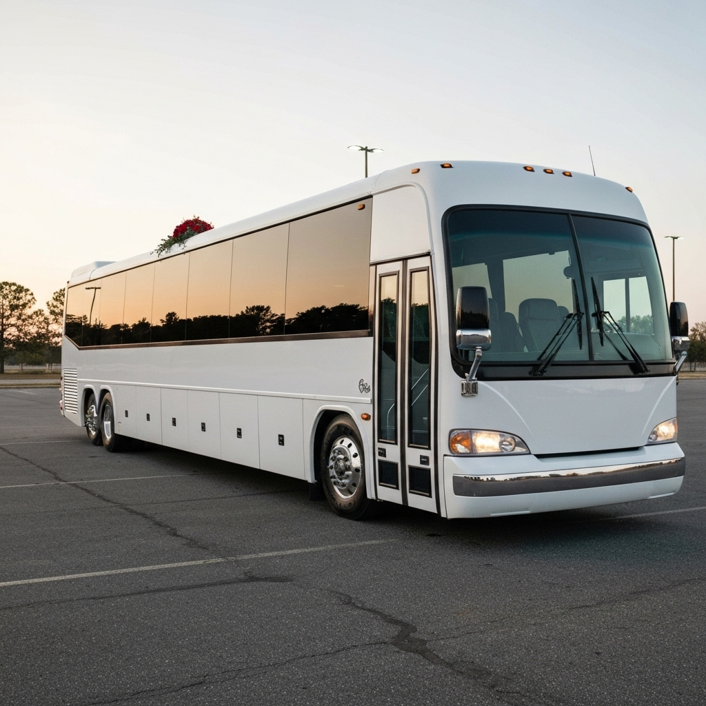 A bus is parked on a grassy path overlooking the ocean. People gather in the distance under a clear blue sky, conveying a serene, leisurely vibe.